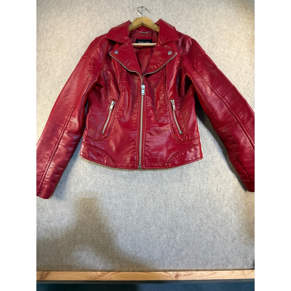 Black Rivet Womens Redโ Faux Leather Moto Biker Jacket Size Small Zip Up Edge